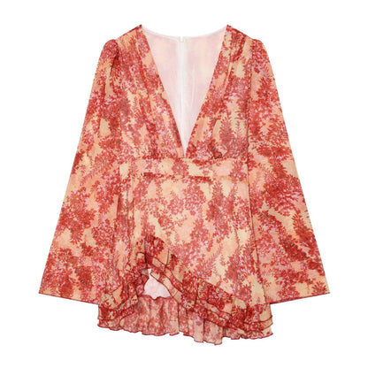 Women's V-neck printed ruffle mini dress