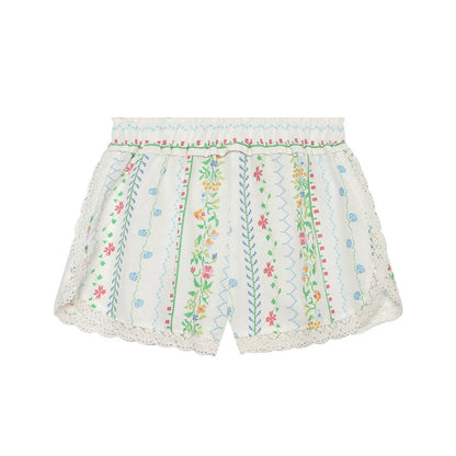suit Women's 2 pieces linen blend printed asymmetrical top+shorts