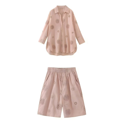 suit Women's 2 pieces loose hollow embroidered shirt+Shorts