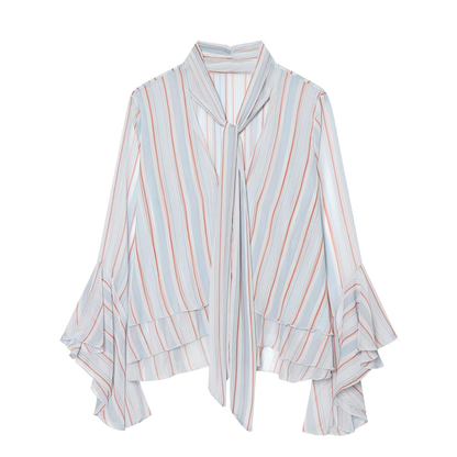 Women's striped ruffle edge ribbon top