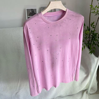 Women's new rhinestone decorated round neck long sleeve T-shirt
