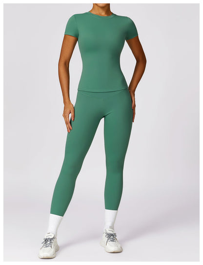 Women's Suit New Fashion Outdoor Running Short-sleeved Fitness Jacket High Waist Hip Quick-drying Yoga Pants.