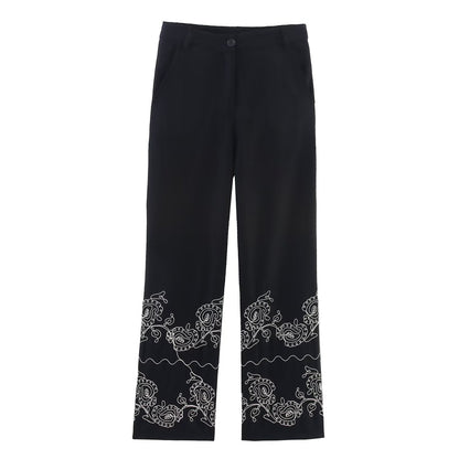 Women's casual embroidered wide leg pants