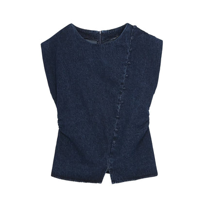 suit Women's 2 pieces bag buckle decorative denim top+high waist wide leg jeans