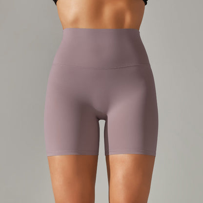 Women's new solid color yoga shorts double sanding tight high waist elastic exercise fitness three-point yoga pants.