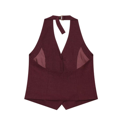 suit Women's 2 pieces linen blended halter neck vest+Shorts