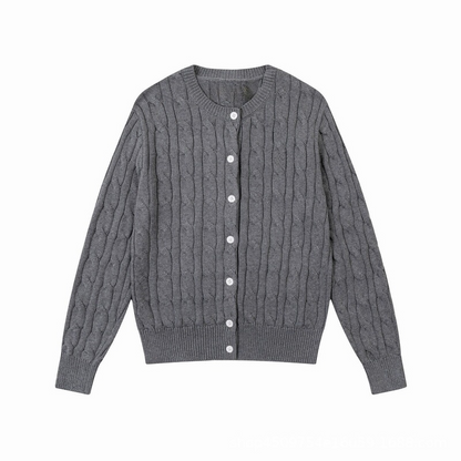 Women's new round neck solid color long sleeve knit cardigan