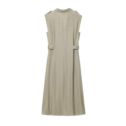 Women's shirt style linen blended MIDI dress