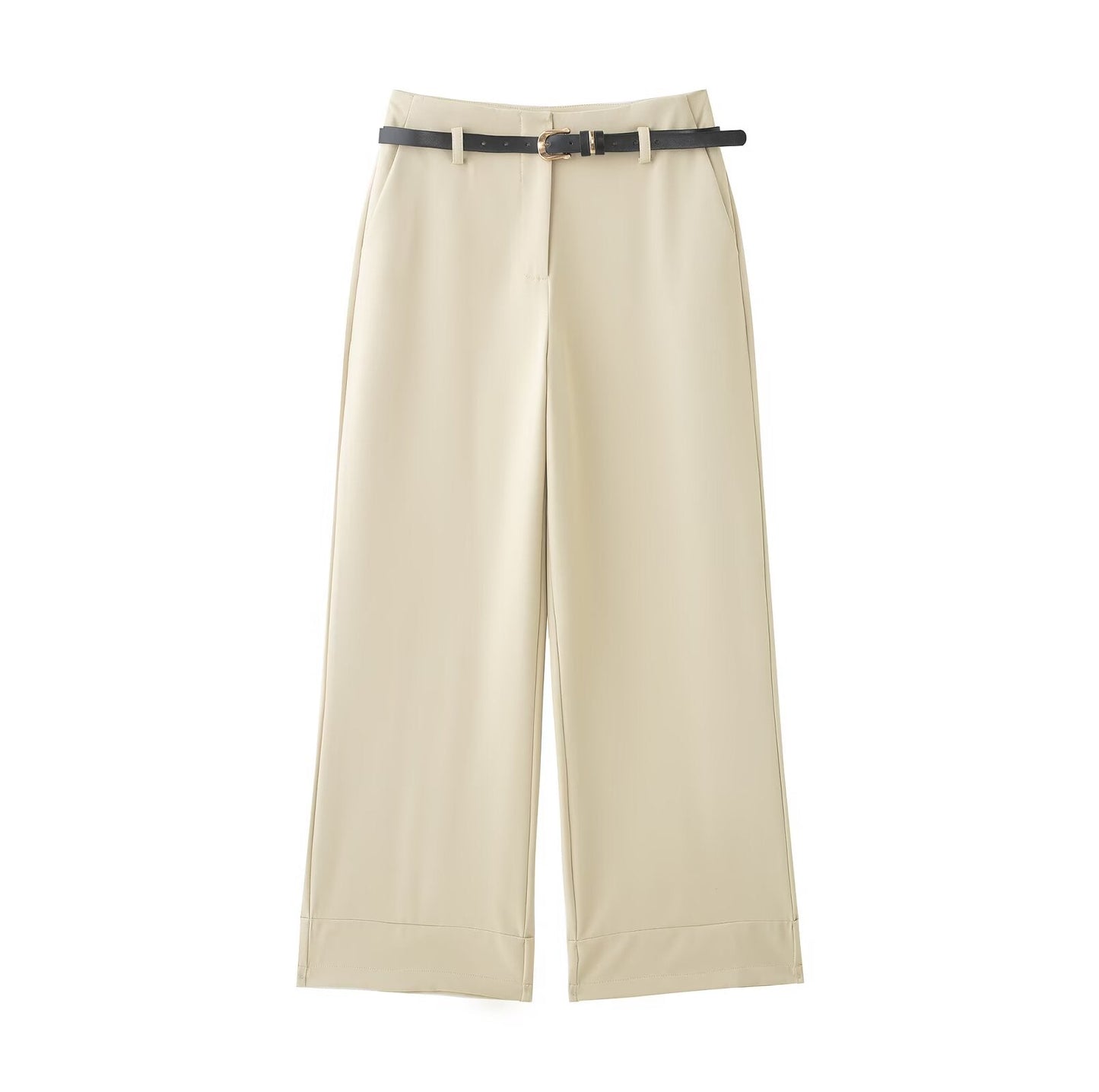 Women's rolled hem design casual With Belt pants