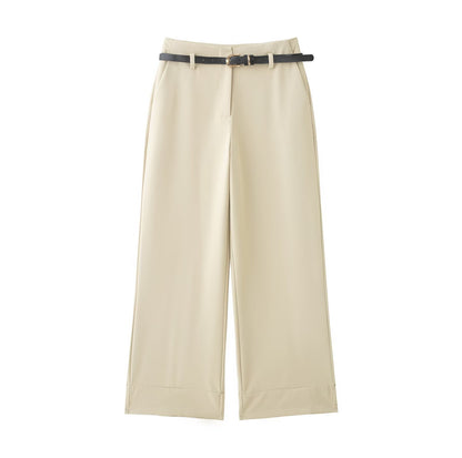 Women's rolled hem design casual With Belt pants