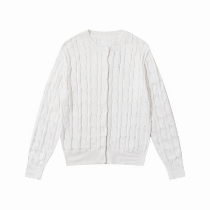 Women's new round neck solid color long sleeve knit cardigan