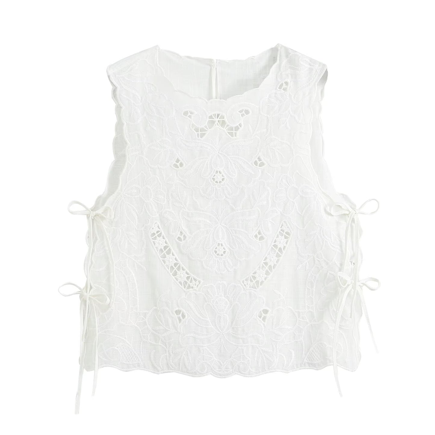 Women's bow decoration hollow embroidery top
