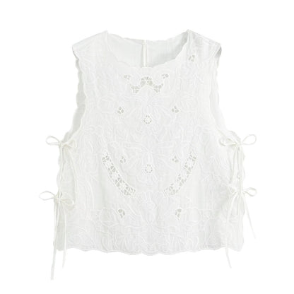 Women's bow decoration hollow embroidery top