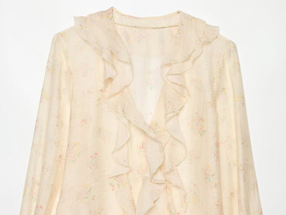 Women's printed V-neck ruffle top