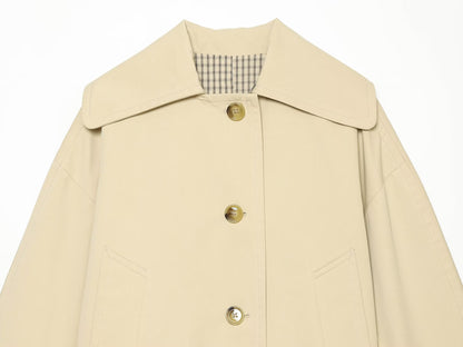 Women's casual lapel patchwork plaid trench coat
