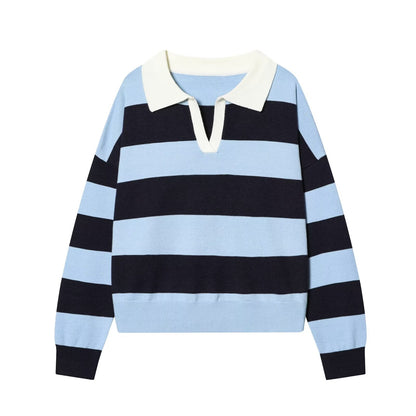Women's casual striped knitted polo shirt