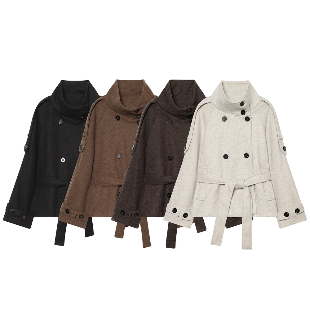 Women's soft textured double breasted stand collar Coat