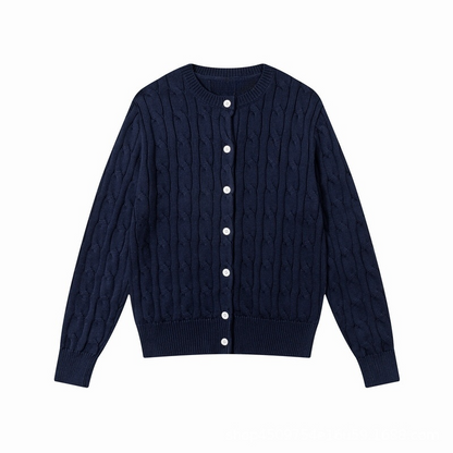 Women's new round neck solid color long sleeve knit cardigan