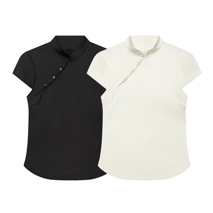 Women's satin textured short button top