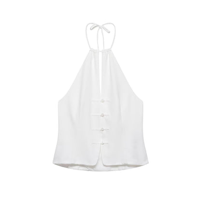 suit Women's 2 pieces buckle decoration hanging neck top+shorts