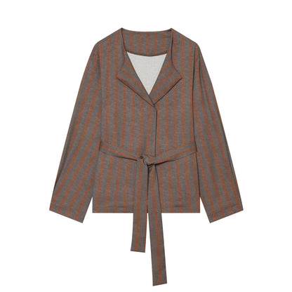 suit Women's 2 pieces with Belt linen blend striped Blazer Coat+Pants