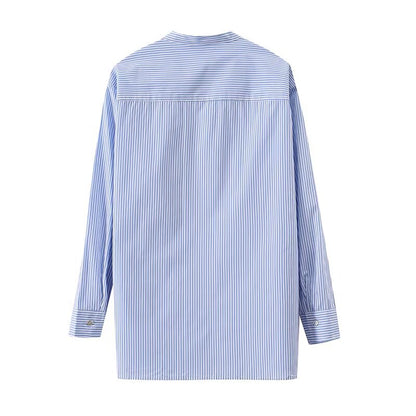 Women's loose cotton striped lace up shirt