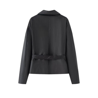 Women's with belt faux leather windbreaker Coat