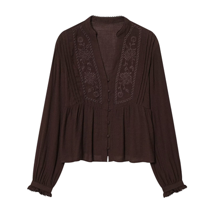 Women's V-neck pleated embroidered shirt