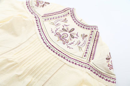 Women's embroidered decorative round neck pleated shirt