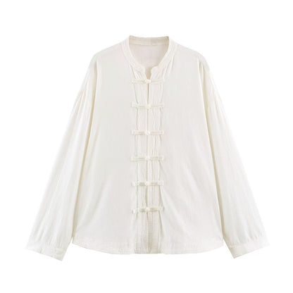 Women's rope knot buckle loose linen blended shirt