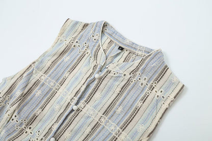 suit Women's 2 pieces sleeveless striped embroidered top+skirt