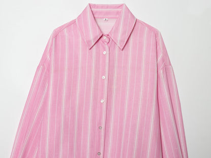 suit Women's 2 pieces loose linen blended striped shirt+Skirts