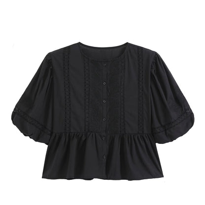 Women's hollowed out embroidered balloon sleeve shirt