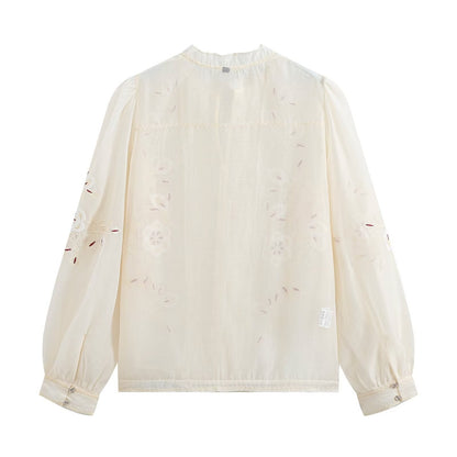 Women's floral embroidery transparent stiff yarn shirt