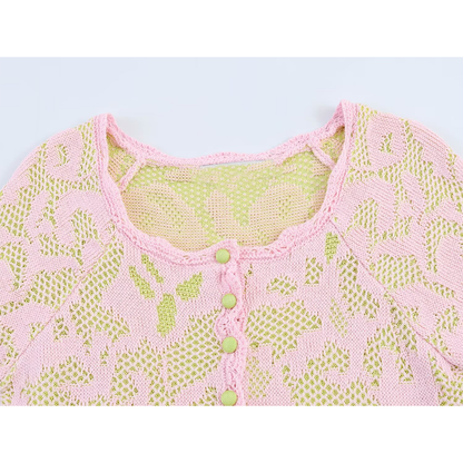Women's O Neck jacquard short sleeved knitted Coat