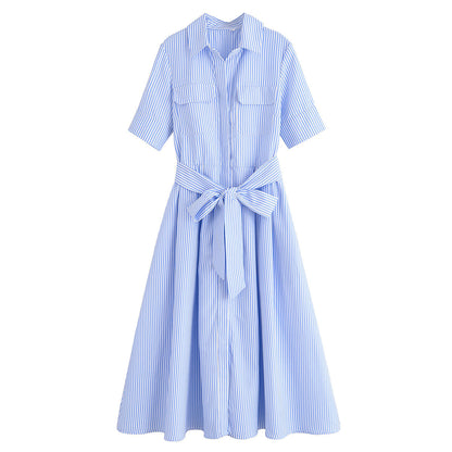Women's with Belt shirt style poplin striped dress