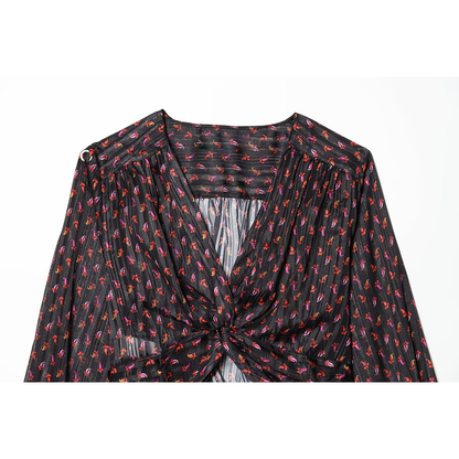 Women's knot decoration V-neck printed top