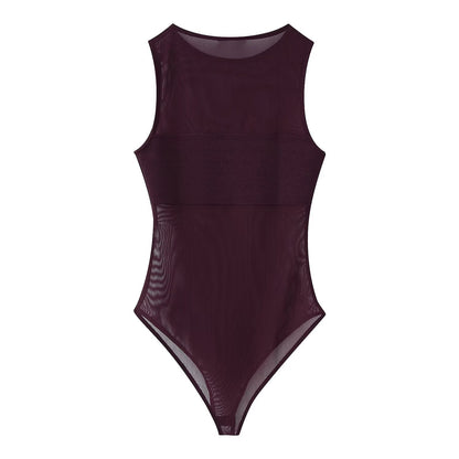 Women's sexy patchwork tulle bodysuit