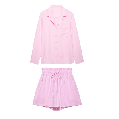 suit Women's 2 pieces pocket decoration linen blend shirt+shorts