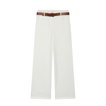 Women's With Belt high waisted straight leg rolled edge pants