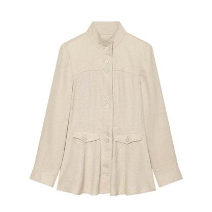 Women's linen blended slim stand collar Coat