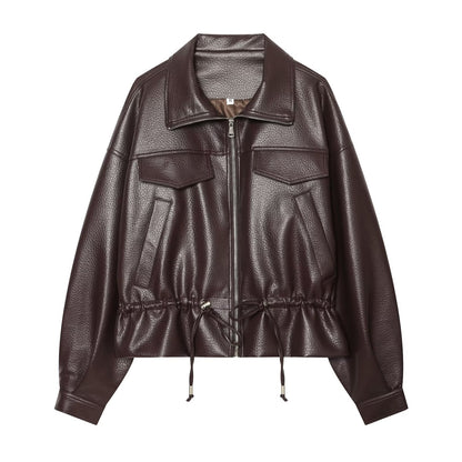 Women's with drawstring casual faux leather jacket