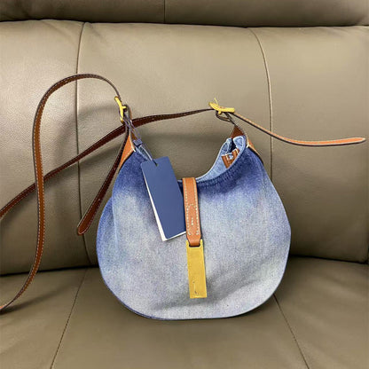 Women's new Joker embroidered denim leather portable daily shoulder bag.