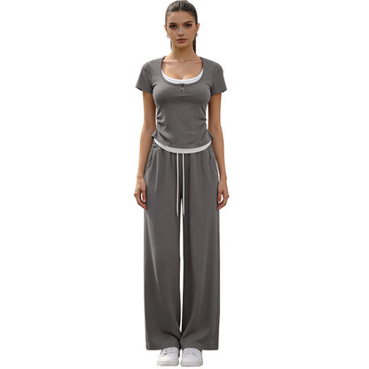 2026 women's new fake two-piece coat wide-leg pants sports two-piece suit