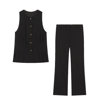 suit Women's 2 pieces pleated decorative slim vest+mini flared pants