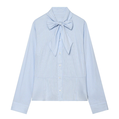 Women's bow decoration stand collar striped shirt