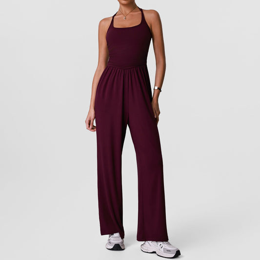 2026 women's new openwork yoga jumpsuit with chest pad and wide leg jumpsuit