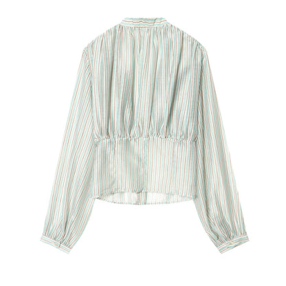 Women's V-neck striped waist cinched shirt