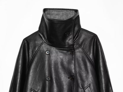 Women's black double breasted Imitation leather jacket