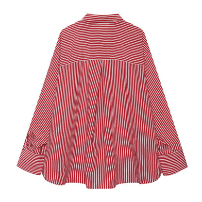 Women's patchwork cuffs loose striped shirt